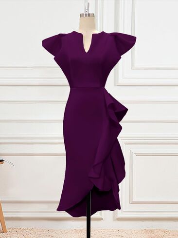 ONTINVA Women's Flutter Sleeve V-Neck Ruffle Hem Sleeveless Party Short Dress Irregular High Split Dresses in Kuwait