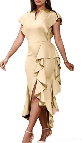 ONTINVA Women's Flutter Sleeve V-Neck Ruffle Hem Sleeveless Party Short Dress Irregular High Split Dresses in Kuwait