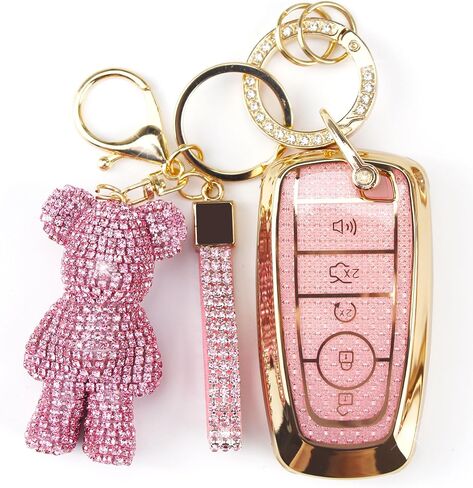 غطاء مفتاح لطيف مع سحر Bear Rhinestone ، TPU Smart Key Case for Women ، متوافق مع Ford Fusion Mustang Ranger Explorer Expedition Lincoln Aviator Corsair (5-Butter ، Gold Pink) in Kuwait
