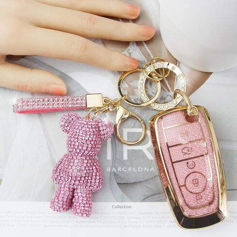 غطاء مفتاح لطيف مع سحر Bear Rhinestone ، TPU Smart Key Case for Women ، متوافق مع Ford Fusion Mustang Ranger Explorer Expedition Lincoln Aviator Corsair (5-Butter ، Gold Pink) in Kuwait