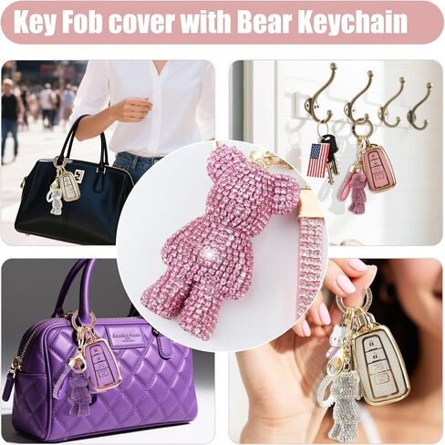 غطاء مفتاح لطيف مع سحر Bear Rhinestone ، TPU Smart Key Case for Women ، متوافق مع Ford Fusion Mustang Ranger Explorer Expedition Lincoln Aviator Corsair (5-Butter ، Gold Pink) in Kuwait