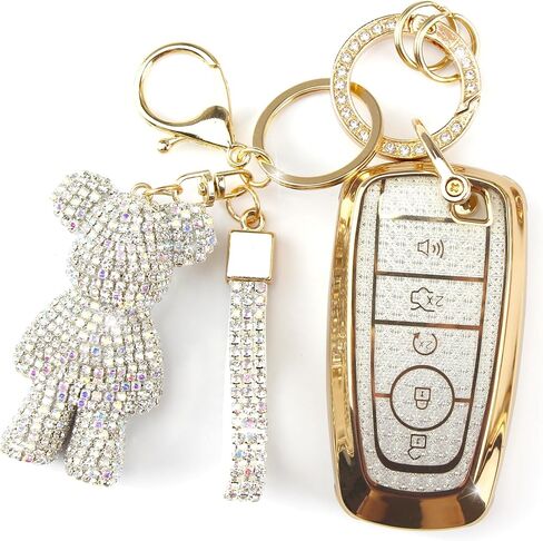 غطاء مفتاح لطيف مع سحر Bear Rhinestone ، TPU Smart Key Case for Women ، متوافق مع Ford Fusion Mustang Ranger Explorer Expedition Lincoln Aviator Corsair (5-Butter ، Gold Pink) in Kuwait