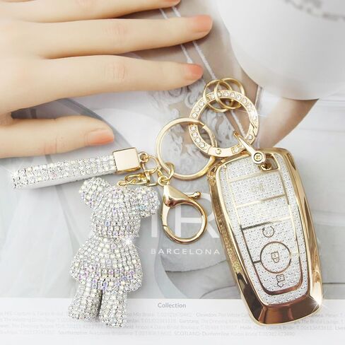 غطاء مفتاح لطيف مع سحر Bear Rhinestone ، TPU Smart Key Case for Women ، متوافق مع Ford Fusion Mustang Ranger Explorer Expedition Lincoln Aviator Corsair (5-Butter ، Gold Pink) in Kuwait