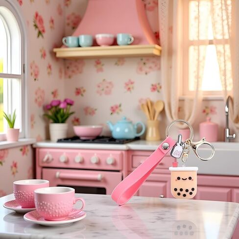 Silicone Pearl Milk Tea Keychain, Cute Bobo Keyring Simulation Drinks Headphone Case Keyring Car Key Chain Bag Pendant for Women Girls Accessories in Saudi Arabia