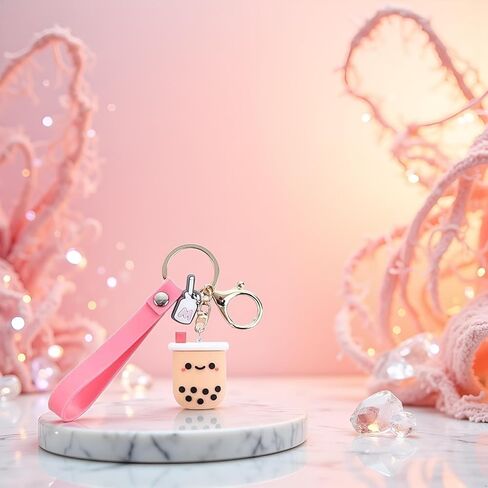 Silicone Pearl Milk Tea Keychain, Cute Bobo Keyring Simulation Drinks Headphone Case Keyring Car Key Chain Bag Pendant for Women Girls Accessories in Saudi Arabia