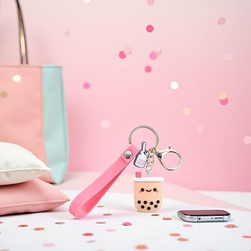 Silicone Pearl Milk Tea Keychain, Cute Bobo Keyring Simulation Drinks Headphone Case Keyring Car Key Chain Bag Pendant for Women Girls Accessories in Saudi Arabia