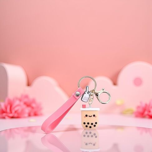 Silicone Pearl Milk Tea Keychain, Cute Bobo Keyring Simulation Drinks Headphone Case Keyring Car Key Chain Bag Pendant for Women Girls Accessories in Saudi Arabia