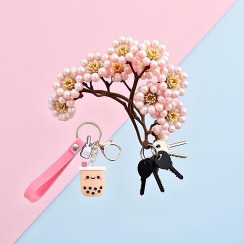 Silicone Pearl Milk Tea Keychain, Cute Bobo Keyring Simulation Drinks Headphone Case Keyring Car Key Chain Bag Pendant for Women Girls Accessories in Saudi Arabia
