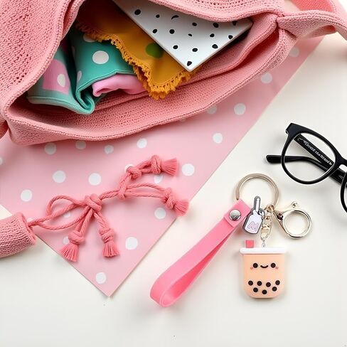 Silicone Pearl Milk Tea Keychain, Cute Bobo Keyring Simulation Drinks Headphone Case Keyring Car Key Chain Bag Pendant for Women Girls Accessories in Saudi Arabia