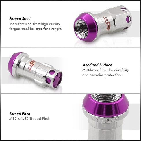 AJP Distributors 20 Piece Universal M12x1.25 Open or Closed End Steel Lug Nuts, 20pc M12 x 1.25MM Lug Nut Set + Locking Adapter Key Socket Wheels Rims JDM VIP Kit Black Body Purple Cap in Saudi Arabia