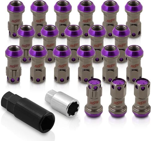 AJP Distributors 20 Piece Universal M12x1.25 Open or Closed End Steel Lug Nuts, 20pc M12 x 1.25MM Lug Nut Set + Locking Adapter Key Socket Wheels Rims JDM VIP Kit Black Body Purple Cap in Saudi Arabia