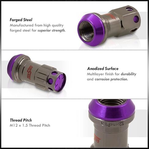 AJP Distributors 20 Piece Universal M12x1.25 Open or Closed End Steel Lug Nuts, 20pc M12 x 1.25MM Lug Nut Set + Locking Adapter Key Socket Wheels Rims JDM VIP Kit Black Body Purple Cap in Saudi Arabia
