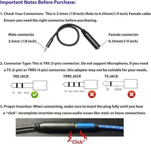 1/4 to 1/8 Headphone Cable Adapter, TRS Auxiliary Aux Cord 6.35mm Male to 3.5mm Female Stereo Jack Audio Adapter for Amplifiers,Guitar, Piano, Home Theater, Braided Cable 1ft (30cm) in Kuwait