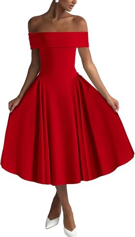 Women's Off Shoulder Fit and Flare Midi Dress-Sleeveless A Line Corset Club Party Wedding Guest Going Out Dresses in Kuwait