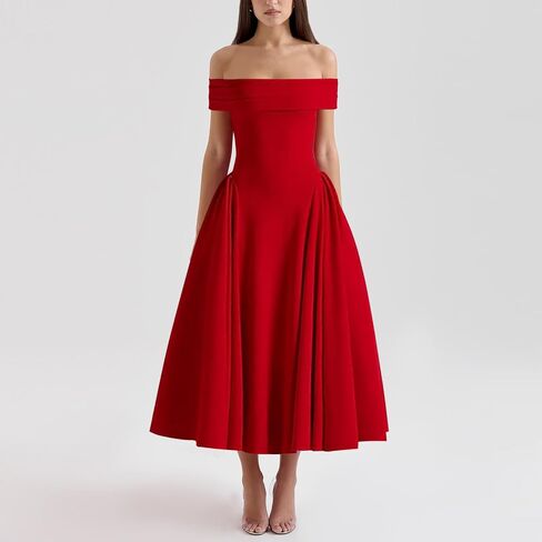 Women's Off Shoulder Fit and Flare Midi Dress-Sleeveless A Line Corset Club Party Wedding Guest Going Out Dresses in Kuwait