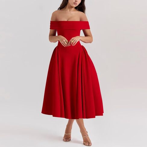 Women's Off Shoulder Fit and Flare Midi Dress-Sleeveless A Line Corset Club Party Wedding Guest Going Out Dresses in Kuwait