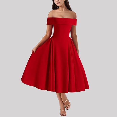 Women's Off Shoulder Fit and Flare Midi Dress-Sleeveless A Line Corset Club Party Wedding Guest Going Out Dresses in Kuwait