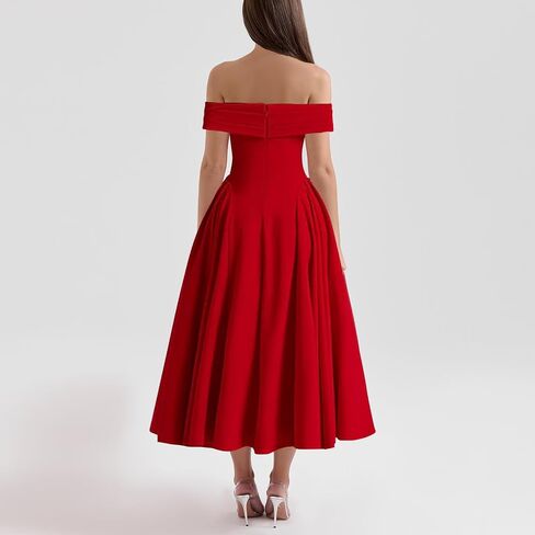 Women's Off Shoulder Fit and Flare Midi Dress-Sleeveless A Line Corset Club Party Wedding Guest Going Out Dresses in Kuwait