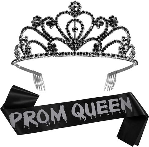 Lyrow 2 Pcs Halloween Prom Queen Crowns and Sashes Zombie Skeleton Cosplay Set for Day of the Dead Headwear(Black) in Saudi Arabia