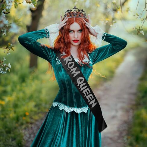 Lyrow 2 Pcs Halloween Prom Queen Crowns and Sashes Zombie Skeleton Cosplay Set for Day of the Dead Headwear(Black) in Saudi Arabia