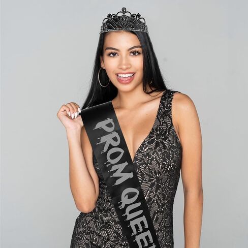 Lyrow 2 Pcs Halloween Prom Queen Crowns and Sashes Zombie Skeleton Cosplay Set for Day of the Dead Headwear(Black) in Saudi Arabia