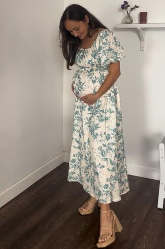 PinkBlush Floral Puff Sleeve Maternity Midi Dress in Saudi Arabia