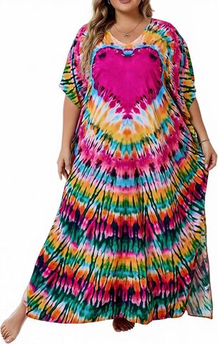فساتين Beadchica Kaftan للنساء بالإضافة إلى فستان شاطئ الصيف الحجم مع تغطية الطباعة والسباحة in Kuwait