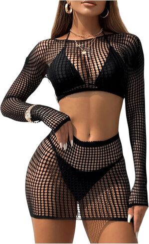Makemechic Women's 2 قطعة Bikini Cover Ups Hollow Out Long Sleeve انظر من خلال مجموعة Crop Top و Mini Skirt in Saudi Arabia