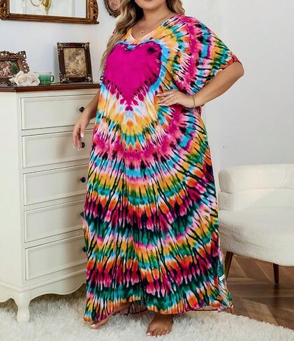 فساتين Beadchica Kaftan للنساء بالإضافة إلى فستان شاطئ الصيف الحجم مع تغطية الطباعة والسباحة in Kuwait