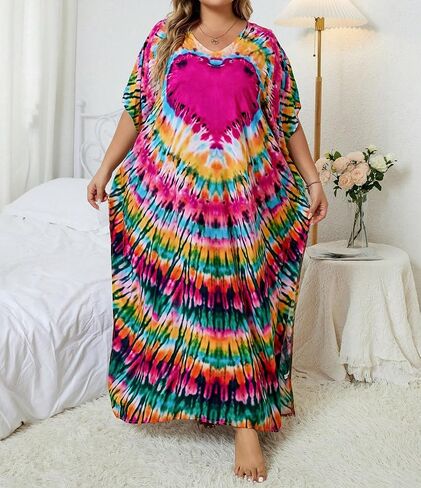فساتين Beadchica Kaftan للنساء بالإضافة إلى فستان شاطئ الصيف الحجم مع تغطية الطباعة والسباحة in Kuwait