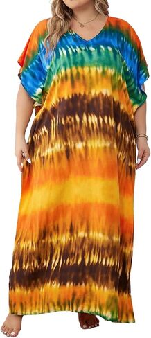 فساتين Beadchica Kaftan للنساء بالإضافة إلى فستان شاطئ الصيف الحجم مع تغطية الطباعة والسباحة in Kuwait