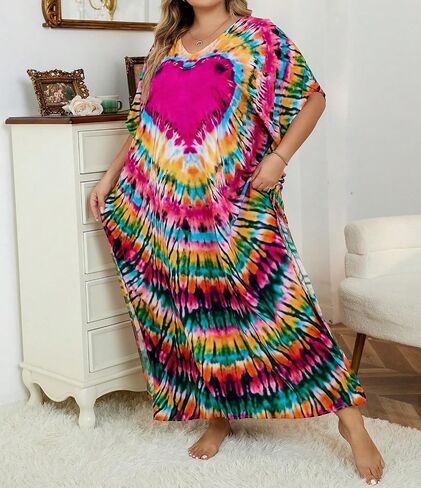 فساتين Beadchica Kaftan للنساء بالإضافة إلى فستان شاطئ الصيف الحجم مع تغطية الطباعة والسباحة in Kuwait