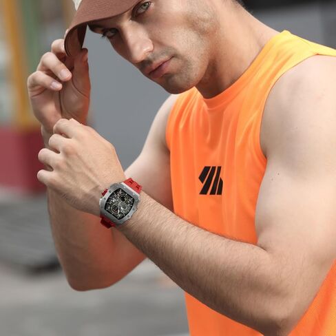 Luxury Watch for Men, 50M Waterproof Mens Watches, Tonneau Watch with Blue Silicone Watch Bands, Japanese Quartz Movement Chronograph, Gifts for Men in Kuwait