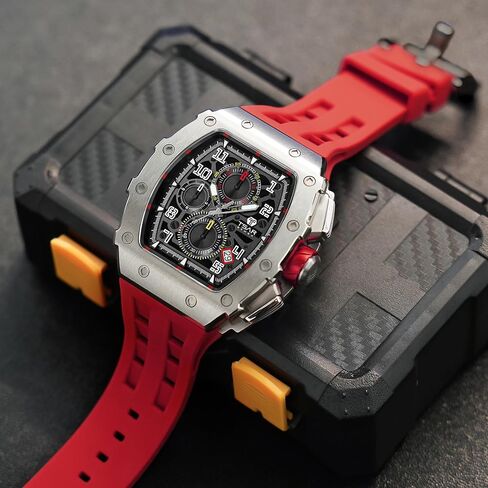 Luxury Watch for Men, 50M Waterproof Mens Watches, Tonneau Watch with Blue Silicone Watch Bands, Japanese Quartz Movement Chronograph, Gifts for Men in Kuwait