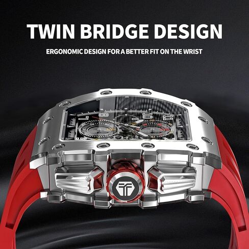 Luxury Watch for Men, 50M Waterproof Mens Watches, Tonneau Watch with Blue Silicone Watch Bands, Japanese Quartz Movement Chronograph, Gifts for Men in Kuwait