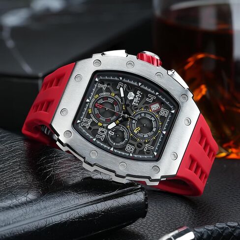 Luxury Watch for Men, 50M Waterproof Mens Watches, Tonneau Watch with Blue Silicone Watch Bands, Japanese Quartz Movement Chronograph, Gifts for Men in Kuwait