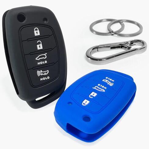 2-Pack Click&Fit Silicone Key Fob Covers Compatible with Hyundai Tucson 2015-18, Santa Fe 2013-2018, Sonata 2014-2019  – Car Remote Key Shell Rubber Protector 4-Buttons, Black+Blue in Kuwait