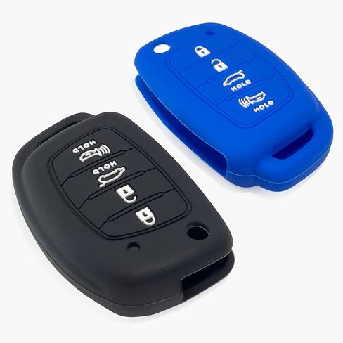 2-Pack Click&Fit Silicone Key Fob Covers Compatible with Hyundai Tucson 2015-18, Santa Fe 2013-2018, Sonata 2014-2019  – Car Remote Key Shell Rubber Protector 4-Buttons, Black+Blue in Kuwait