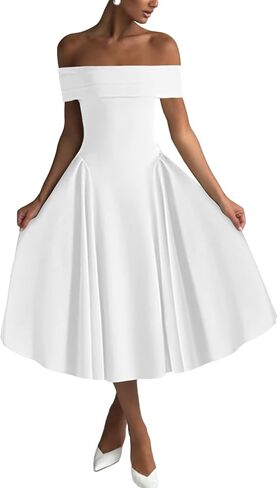 Women's Off Shoulder Fit and Flare Midi Dress-Sleeveless A Line Corset Club Party Wedding Guest Going Out Dresses in Kuwait