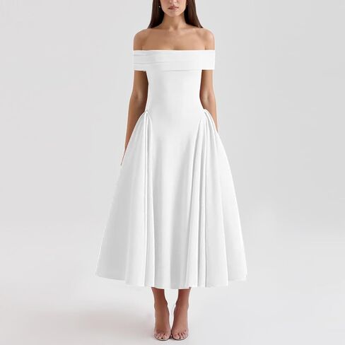 Women's Off Shoulder Fit and Flare Midi Dress-Sleeveless A Line Corset Club Party Wedding Guest Going Out Dresses in Kuwait