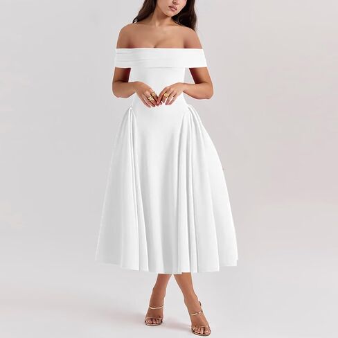 Women's Off Shoulder Fit and Flare Midi Dress-Sleeveless A Line Corset Club Party Wedding Guest Going Out Dresses in Kuwait