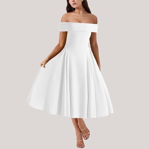 Women's Off Shoulder Fit and Flare Midi Dress-Sleeveless A Line Corset Club Party Wedding Guest Going Out Dresses in Kuwait