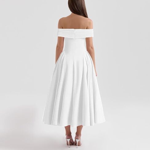Women's Off Shoulder Fit and Flare Midi Dress-Sleeveless A Line Corset Club Party Wedding Guest Going Out Dresses in Kuwait