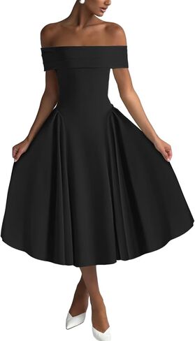 Women's Off Shoulder Fit and Flare Midi Dress-Sleeveless A Line Corset Club Party Wedding Guest Going Out Dresses in Saudi Arabia