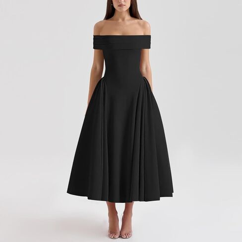 Women's Off Shoulder Fit and Flare Midi Dress-Sleeveless A Line Corset Club Party Wedding Guest Going Out Dresses in Saudi Arabia