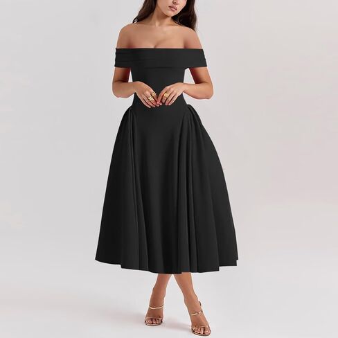 Women's Off Shoulder Fit and Flare Midi Dress-Sleeveless A Line Corset Club Party Wedding Guest Going Out Dresses in Saudi Arabia