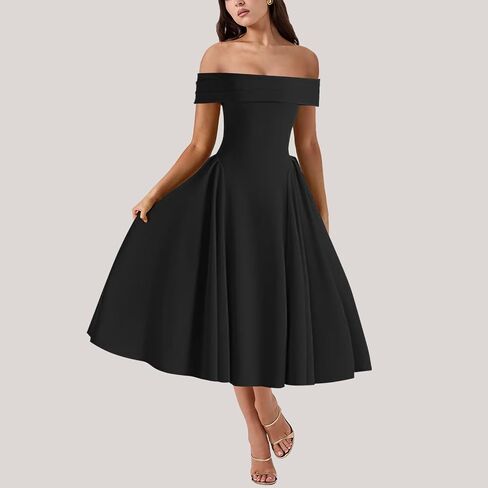 Women's Off Shoulder Fit and Flare Midi Dress-Sleeveless A Line Corset Club Party Wedding Guest Going Out Dresses in Saudi Arabia