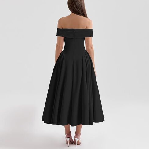 Women's Off Shoulder Fit and Flare Midi Dress-Sleeveless A Line Corset Club Party Wedding Guest Going Out Dresses in Saudi Arabia