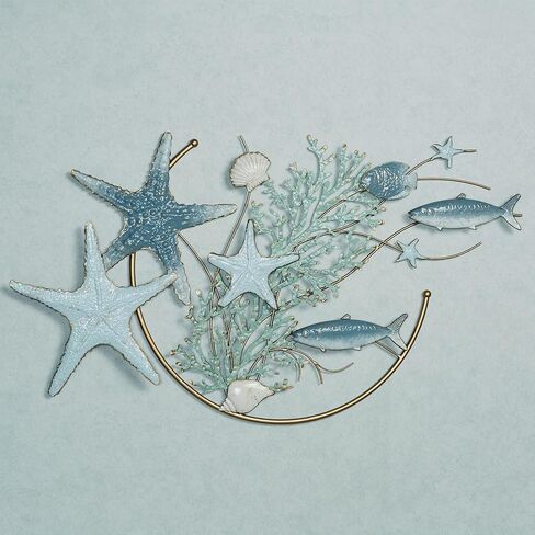 Touch of Class Starfish and Fish Blue Sealife Collage Metal Wall Art | Coastal Style Artwork for Beach Themed House in Saudi Arabia