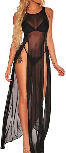 Women's Sexy Sheer Mesh Long Cover up Dress Sleeveless Lace Beachwear Swimwear Bathing Suit in Kuwait
